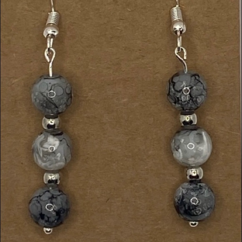 Gray Marble with Silver Accent | Drop Earring Pair